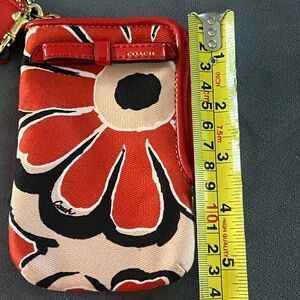 Coach Red Floral Canvas Wristlet Pouch with Black and Cream Accents